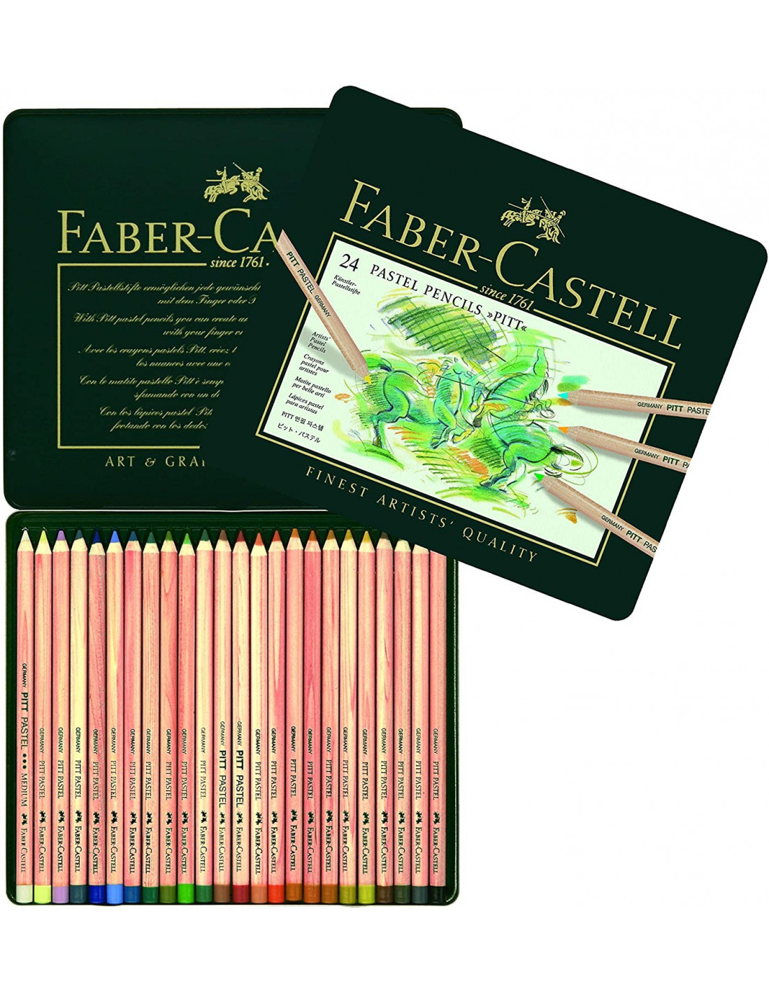 Faber-Castell 112124 Estuche de metal con 24 ecolápices Pitt pastel multicolor mini multicolor 128272 Estuche de cartón con 72 tizas pastel 
